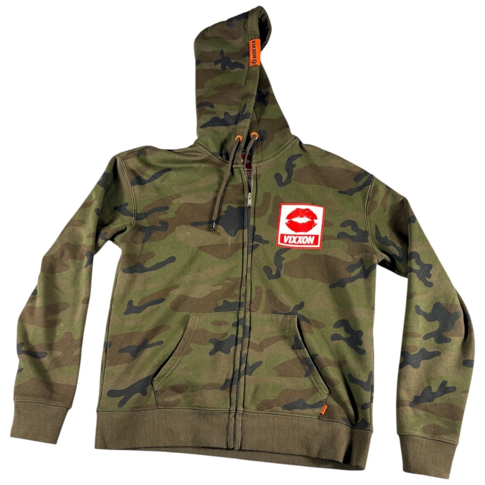 VIXXON Ground Up Customs Hoodie Womens Small Camo Zip Up Red Lips Grunge